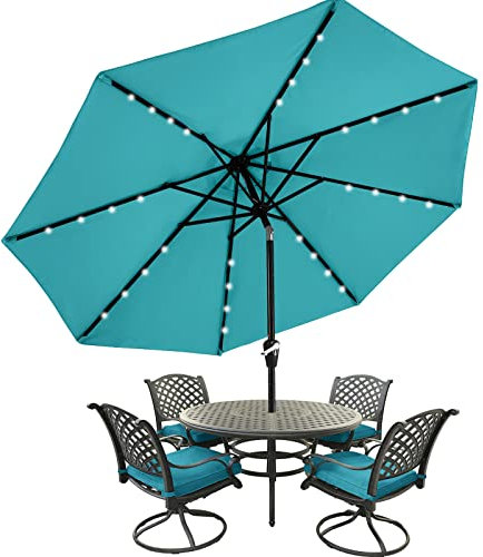 MasterCanopy 270 cm Sonnenschirm mit 32 Solar-LED Patioschirm Gartenschirm Terrassenschirm Tischschirm Martkschirm 8 Rippen, Türkis
