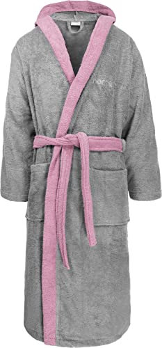 normani 100% Baumwoll Bademantel Saunamantel zweifarbig und einfarbig mit und ohne Kapuze für Damen und Herren (Gr. XS - 4XL) Farbe Grau/Rosa Größe L