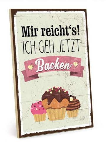 TypeStoff Holzschild mit Spruch – BACKEN – im Vintage-Look mit Zitat als Geschenk und Dekoration zum Thema Kuchen, Torte und Plätzchen - HS-00347