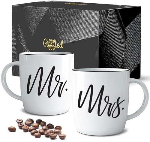 Triple Gifffted Mr und Mrs Tassen Set Geschenke Ideen Paare Weihnachten, Partnertassen Männer Frauen frau, Hochzeit, Braut Bräutigam, Hochzeitstag Hochzeitsgeschenke für Brautpaar, Keramik 380ML