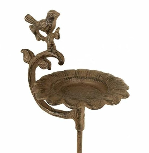 Tuteur Bain d'oiseaux ou Pic de Jardin Coupelle Style Bénitier Mangeoire à Oiseau en Fonte Marron 15x19,50x81cm