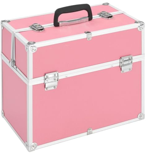 vidaXL Portable Makeup Case – Pink Aluminium Beauty Box with Extendable top and Trays, Wood and ABS Sheeting, Lockable, Carry Handle.