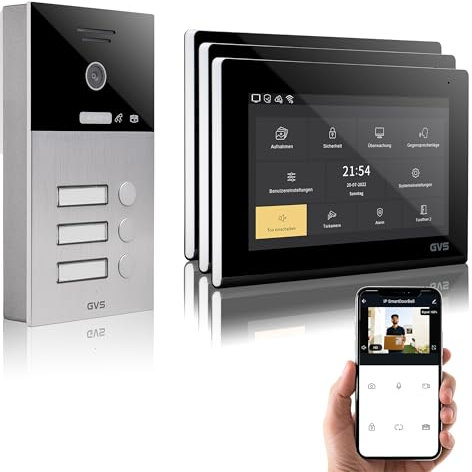 GVS - IP Video Türsprechanlage 3 Familienhaus mit Türöffner, HD Kamera, 3X 7 Zoll Monitor & App - Smarte Video Türklingel mit Kamera & Gegensprechanlage (AVS1091A)
