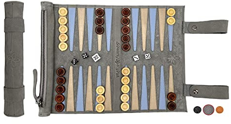 MELIA Outlet Leder Backgammon Set zum Rollen – Reise Backgammon aus Echtleder mit Holz-Spielsteinen – Luxus Backgammon Brettspiel für unterwegs – Premium Roll-Up Backgammon – Handmade in Europe - GRAU
