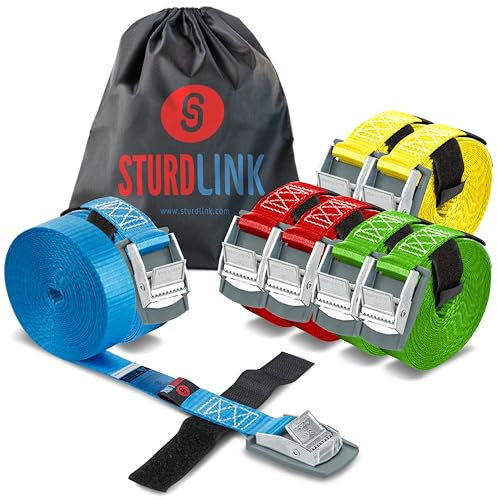 STURDLINK X8 Spanngurte 25 mm 250 daN mit Nockenschnalle, Schutz und Klettband 2X[2m 3m 4m 5m] + Tasche, für Befestigung an Fahrradträger, Kofferraum und Dachgepäckträger, Auto, Anhänger, Umzug