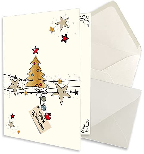 25x kleines Weihnachtskarten-Set DIN A7 in Weiß mit Weihnachtsbaum und Sternen - Faltkarten mit passenden Umschlägen DIN C7 Naturweiß mit Nassklebung - Weihnachtsgrüße für Firmen und Privat
