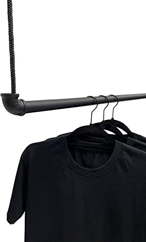 RSR Hangers Kleiderstange mit Seil Schwarz Garderobe Industrial Design Decke Seilzug hängend Deckenmontage | Breite 70 cm | Garderobenstange | Ankleidezimmer | Flur | begehbarer Kleiderschrank