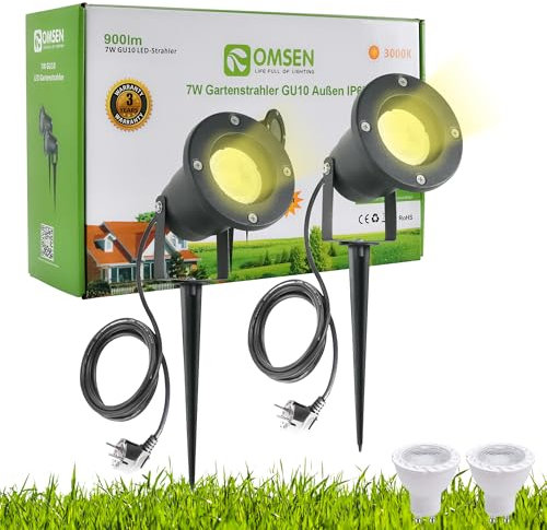 OMSEN Gartenstrahler mit Erdspieß GU10 7W Warmweiß 230V, Robuste IP67 Wasserdicht Gartenleuchte, Austauschbare GU10 Leuchtmittel, Gartenbeleuchtung mit Strom für Außen Garten Rasen Baum Pflanzen