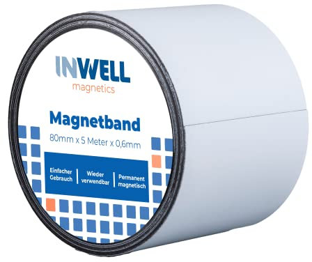 Inwell - Magnetband 80 mm in Farbe weiß auf Rol | 5 meter | NICHT Selbstklebend | Beschreibbare weiße Vinylschicht | Starker Magnetkraft | Magnetstreifen