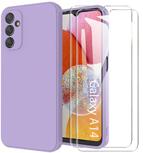MOONESS kompatibel mit Samsung Galaxy A14 4G / 5G Hülle,Handyhülle für Samsung Galaxy A14 4G / 5G mit 2 Stück Schutzfolie,Liquid Silikon TPU Schutzhülle Dünn Backcover - Lila