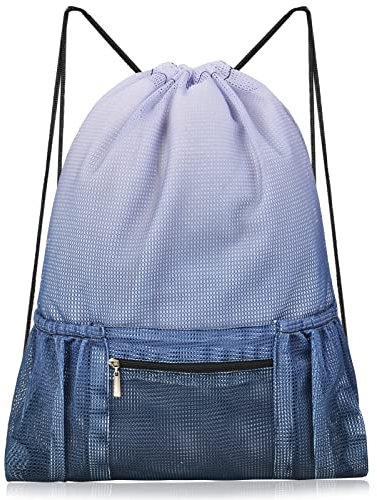 Netz-Rucksack mit Kordelzug, großer Sport-Turnbeutel für Damen und Kinder, mit Tasche und Reißverschluss, für Strand, Yoga, Fußball, Fußball, GRAU, 15*19.7inch, modisch
