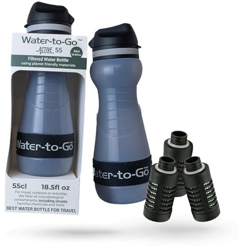 Wasserfilterflasche für Wanderungen mit 2 zusätzlichen Filtern – 55 cl, kompakter Outdoor-Wasserreiniger für Rucksackreisen, umweltfreundlicher Biokunststoff, auslaufsicher, kleine Größe
