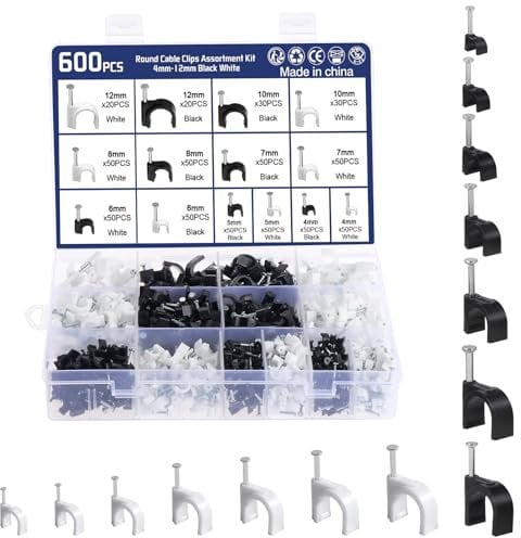 Habwea 600 Abrazaderas de Cable de 4-12 mm, Redondas/Cuadradas, con Clavo, para Pared - Clips para Cables de Red, Blanco y Negro