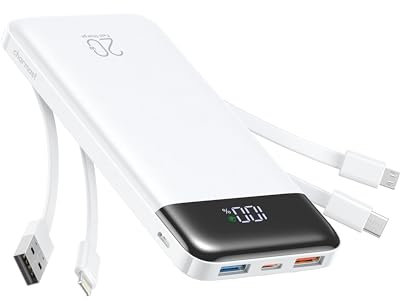 Charmast Power Bank with built-in Cables,20000mAh 20W PD QC Quick Charge Portable Charger USB C Power Bank Fast Charging compatiable with iPhone iPad Samsung Galaxy etc.