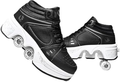 Rollschuhe für Kinder, verstellbare Rollerskates für Mädchen, Quad-Skates-Deformationstrainer für Erwachsene und Anfänger, Turnschuhe mit unsichtbarem Rad für Jungen (schwarzes High-Top, EU 41)