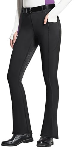 FitsT4 Sports Damen Reithose Bootcut Reitleggings Silikon Vollbesatz Schlaghose Reithose mit Handytasche und Gürtelschlaufen für Reitsport Pferdetraining Reitturnier,Schwarz,M