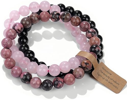 Handmade Echte Natursteinperlen Heilsteine Armband (Rhodonit&Rose Pink Quarz&Schwarzer Onyx)