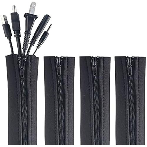 4 PCS Zipper Cable Organizer Sleeves, Cable Management Sleeve for TV and Computer Cords, Black Polyester, Reliable and Easy to Use, Great for Tidy Home and Office