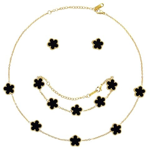XIWCAFC Vierblättriges Kleeblatt Schmuckset für Damen und Mädchen 18 Karat Vergoldet Edelstahl Zweiseitig Anhänger Halskette Ohrstecker Armband Schmuck Set für Jewelry Geschenk Geburtstag (Schwarz)