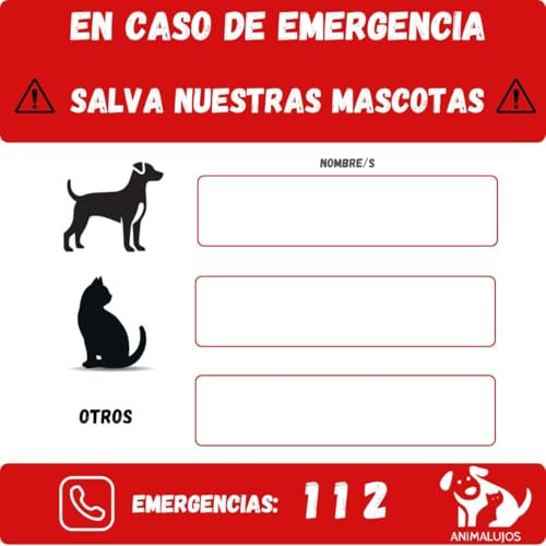 ANIMALUJOS - Pack 3 Pegatinas Emergencia Mascotas Perros Gatos | Señal Adhesiva para Casa | Salvamento Animal en Incendios | Resistente Agua y Sol | Espacio para Nombres