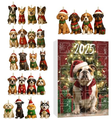 Weihnachts-Countdown-Kalender für Hunde, 2D, flach, wiederverwendbar, saisonal | Adventskalender für 24 Tage mit Anhängern, Hundemotiv, für Tierliebhaber, Jugendliche, Baumfenster