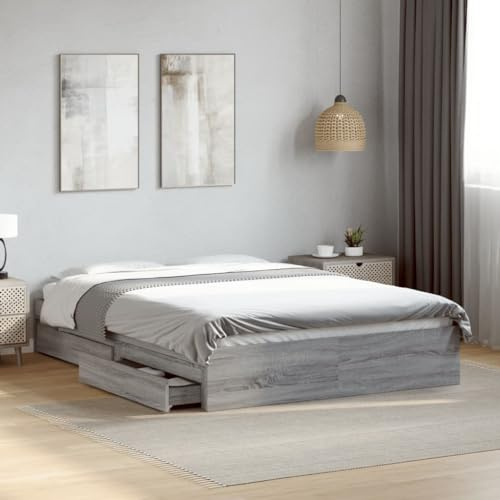 HaoChrymec Bettgestell mit Schubladen aus Holzwerkstoff, Praktisches Design, Viel Stauraum, Bett mit schubladen, Bett mit stauraum, Für Schlafzimmer & Jugendzimmer, Grau Sonoma, 120x200 cm