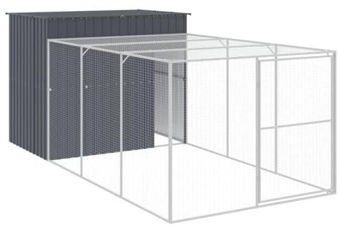 Hundehütte mit Wetterfest Flachdach, Hundehaus Shelter mit Auslauf & Abschließbare Tür für Hinterhof Bauernhof, Verzinkter Stahl 214x457x181cm Anthrazit