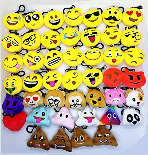 CHSYOO 45 Stücke Mini Emoji Schlüsselanhänger Durchmesser 5cm Smileys Plüsch Kissen Stil Tasche Anhänger, Geschenk für Geburtstag Kinderparty Babyparty Garten Party