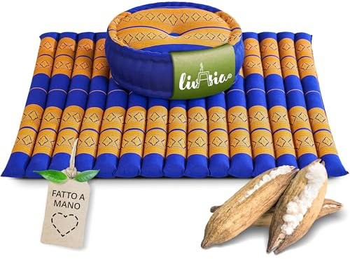 livasia Meditationsset XL - Ø 38x15cm / Matte 75x75x4,5cm - Yogaset mit Kissen und Matte, Pouf, Yogamatte und Yogakissen mit Kapok handgefertigt, Bodenkissen Outdoor, Zafukissen (Blau/Gelb)