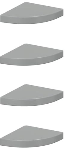 vidaXL Grey High Gloss Floating Corner Shelves -Set of 4- Modern Wall Shelves for Book Display, Photo Exhibition, Office Organization, Home Decor - Compact Durable MDF Metal Shelves, 25x25x3.8 cm