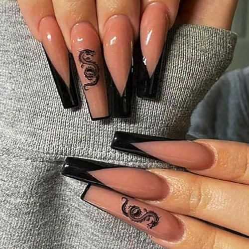 Brishow künstliche Nägel Rosa Lange Nägel zum Aufkleben Press on Nails mit Schwarz Drache French Falsche Nägel Karneval Fake Nails 24 Stück für Frauen und Mädchen