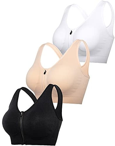 DODOING Zip Front Sports Bra Post Surgery Bra Yoga Bra Workout Fitness Activewear Racerback Padded Bras for Women(3PCS)