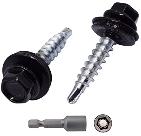 Marcopol Lot de 50 vis de toiture en métal 4,8 x 35 mm peintes auto-foreuses avec rondelles EPDM Vis hexagonale en tôle (50, noir de jais RAL 9005)