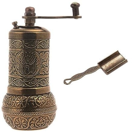 Acar - Moulin à poivre turc - Noir - Rechargeable - Moulin à poivre avec cuillère à mesurer - Moulin à poivre avec manivelle - Moulin à épices (laiton ancien)
