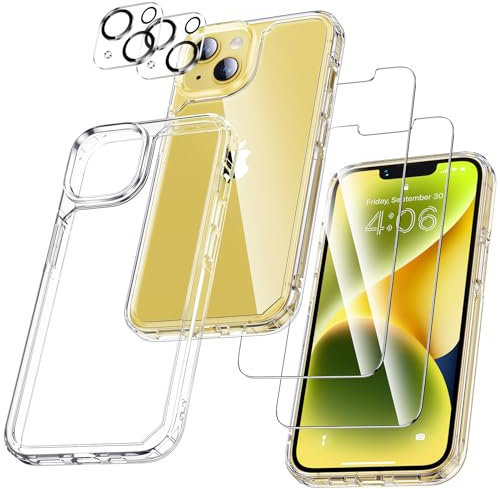 UniqueMe für iPhone 14 Hülle, 5-in-1-Set Handyhülle für iPhone 14 Case Rundumschutz Schutzhülle Cover, 1 Handyhülle & 2 Schutzfolie & 2 Kameraschutz - Transparent