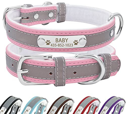 Senristar Personalisierte Reflektierende Leder Hundehalsband mit Warmem Futter, Individuelle Hundehalsband mit Namensschild Eingraviert für Kleine Mittlere und Große Hunde und Katzen
