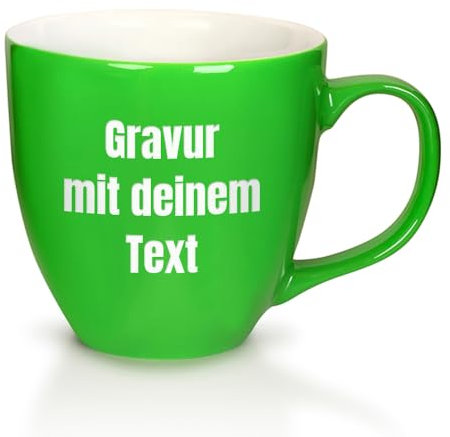 Mahlwerck XXL Jumbotasse, Große Porzellan-Kaffeetasse mit hoch-glänzender Oberfläche, 450ml, Spring Green, 3 Zeilen graviert, Links vom Henkel
