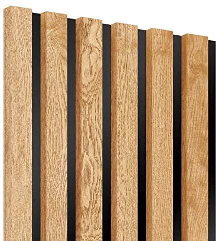 KLEMP Wandpaneele – Lamellenleisten aus MDF auf HDF Platte 30x275 cm, Wandverkleidung zur Montage mit Kleber oder Klebeband auf schwarzem Untergrund 6er-set Eichenfurnier