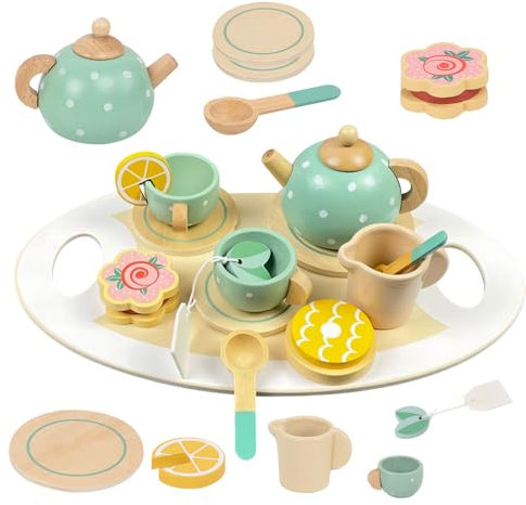 CJBIN Tea Set for Toddlers, Wood Kids Tea Sets for girls, Wooden Tea Sets for Children, Pretend Play Toy Tea Set, Tea Party Set for Children, Baby Tea Set With Dessert Cookies Cake