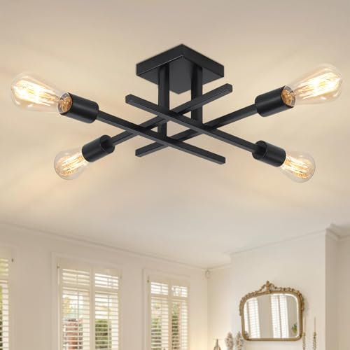 QAREHL Deckenlampe Schwarz, Deckenleuchte 4 Flammig Wohnzimmer Deckenleuchte E27 Fassung Leuchter Wohnzimmerlampe Sputnik Lampe Kronleuchter Vintage für Schlafzimmer KüChe Esszimmer Flur