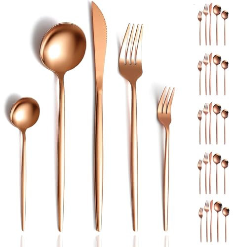 Set Couverts de Table pour 6 Personnes Dorés, Ensemble de Couverts inox 30 pièces, Comprend des Couteaux/Fourchettes/Cuillères, Fini Mat et Lavable au Lave-vaisselle, Facile à Nettoyer