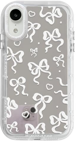 NITITOP Compatible with iPhone XR Case Cute Mirror Bow Love Heart Pattern for Women Girls Ribbon Design Shockproof Silver Protective Phone Cover - White Bow