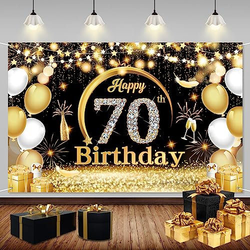 ZAHRVIA 70. Geburtstag Banner Schwarz Gold, 180x110 cm, Polyester, Inkl. 6m Seil, Schwarz-Gold