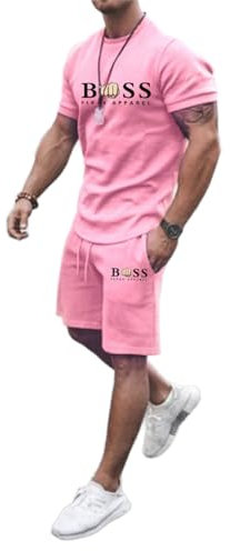 WAZHAKU Survêtement pour homme, tenue de sport ample, confortable, respirant, ensemble 2 pièces avec t-shirts et pantalons de sport, tenue de fitness élastique, vêtements de rue, Rose, XL