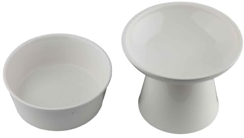 Elevated Ceramic Cat Bowl Set of 2, 15.7 cm Wide Shallow Dish, 12.7 cm Raised Stand, Raised Bowl for a Comfortable Position Whilst Eating & Drinking, White