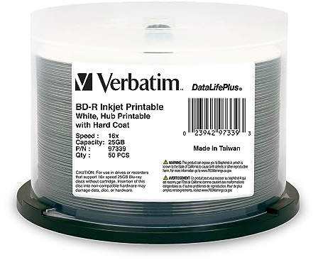 Verbatim BD-R 25GB 16X Blu-ray Recordable Media Disc DataLifePlus White Inkjet Hub Printable - 50pk Spindle - 97339