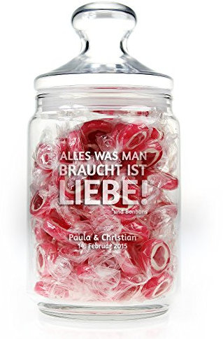 Bonbonglas zur Hochzeit mit Deckel und Gravur Alles was man braucht... - Personalisert mit Namen und Datum - 1000 ml - Bonboniere aus Glas mit Deckel zur Hochzeit oder als Liebesgeschenk