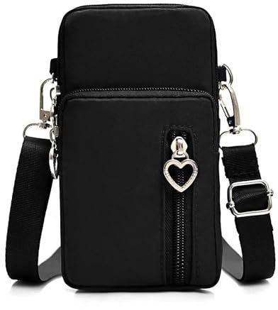 Voarge Bolso Messenger Mujeres Casual, Bandolera de 3 capas, para teléfono móvil, cartera en forma de corazón, cremallera brazo bolsillo colgante, Negro