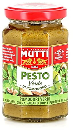 12x Mutti Pesto Verde Pomodori Verdi Grünes Tomatenpesto Pasta Sauce 100% italienische Tomate Glas 180g Würzsaucen mit Cashewnüssen, Grana Padano und Pecorino Romano