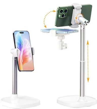 Kaishuai Soporte para movil,Soporte movil Mesa,Soporte Teléfono,360°Multiángulo Ajustable de Escritorio,para de fotografía Plana transmisión en Vivo o Vivo Grabar vídeos Soporte de Video (Blanco)